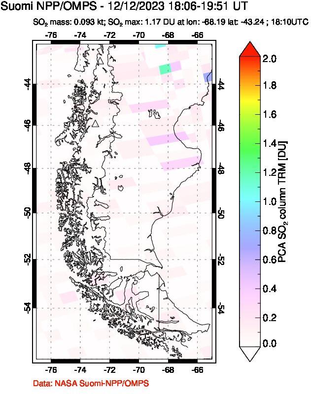 A sulfur dioxide image over Southern Chile on Dec 12, 2023.