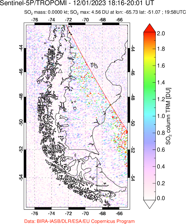 A sulfur dioxide image over Southern Chile on Dec 01, 2023.