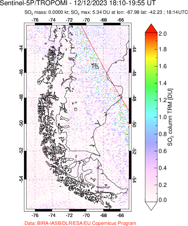 A sulfur dioxide image over Southern Chile on Dec 12, 2023.