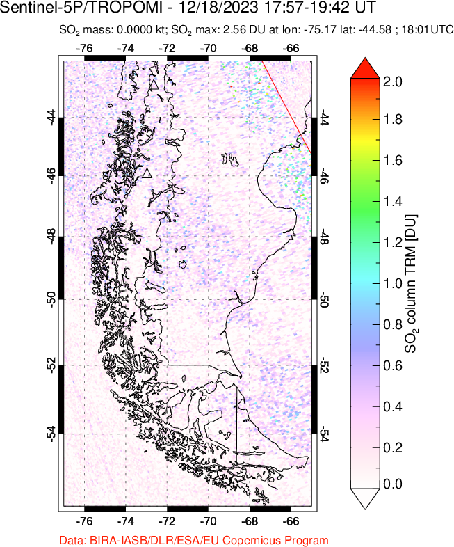 A sulfur dioxide image over Southern Chile on Dec 18, 2023.