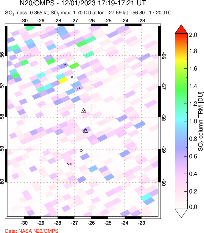 A sulfur dioxide image over South Sandwich Islands, South Atlantic on Dec 01, 2023.