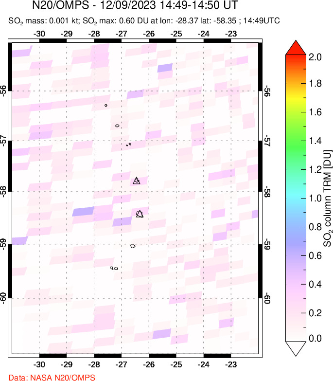 A sulfur dioxide image over South Sandwich Islands, South Atlantic on Dec 09, 2023.