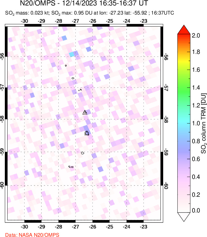 A sulfur dioxide image over South Sandwich Islands, South Atlantic on Dec 14, 2023.