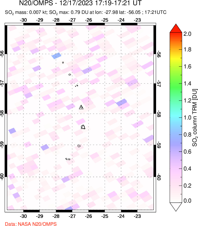 A sulfur dioxide image over South Sandwich Islands, South Atlantic on Dec 17, 2023.