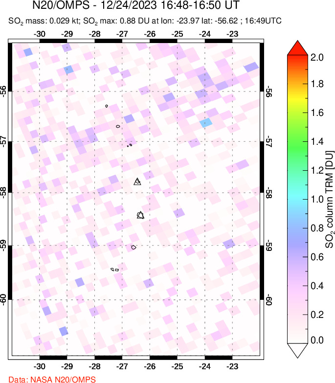 A sulfur dioxide image over South Sandwich Islands, South Atlantic on Dec 24, 2023.