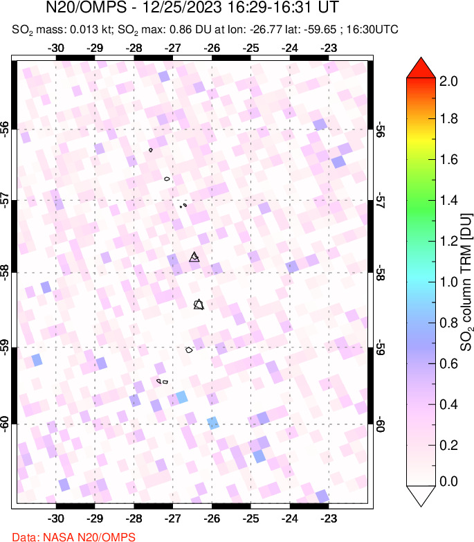 A sulfur dioxide image over South Sandwich Islands, South Atlantic on Dec 25, 2023.