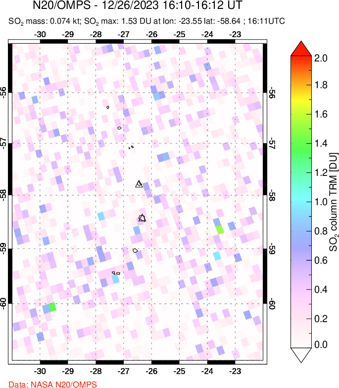 A sulfur dioxide image over South Sandwich Islands, South Atlantic on Dec 26, 2023.