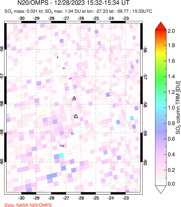 A sulfur dioxide image over South Sandwich Islands, South Atlantic on Dec 28, 2023.