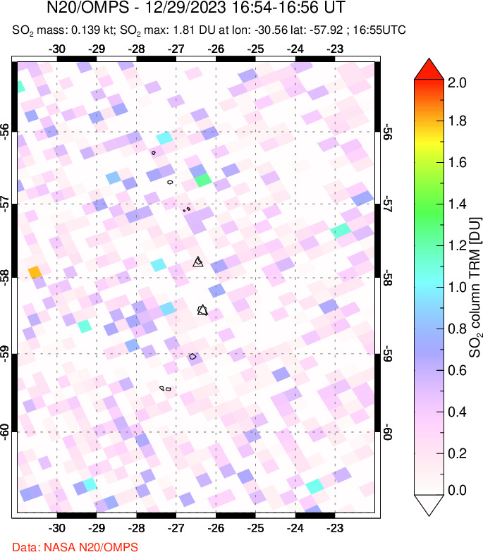 A sulfur dioxide image over South Sandwich Islands, South Atlantic on Dec 29, 2023.