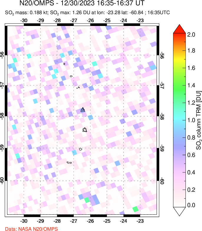 A sulfur dioxide image over South Sandwich Islands, South Atlantic on Dec 30, 2023.