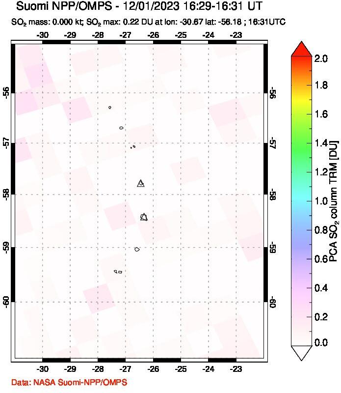 A sulfur dioxide image over South Sandwich Islands, South Atlantic on Dec 01, 2023.