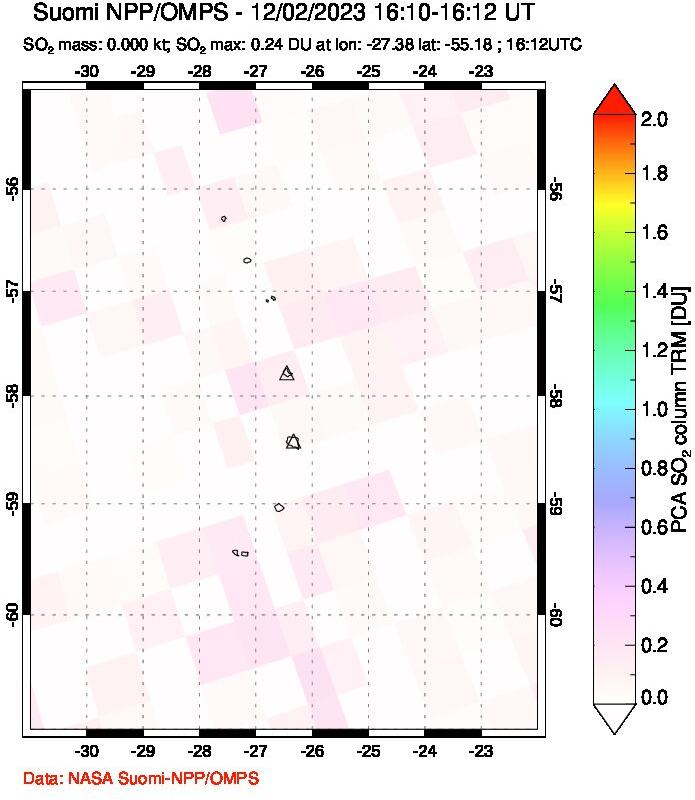 A sulfur dioxide image over South Sandwich Islands, South Atlantic on Dec 02, 2023.