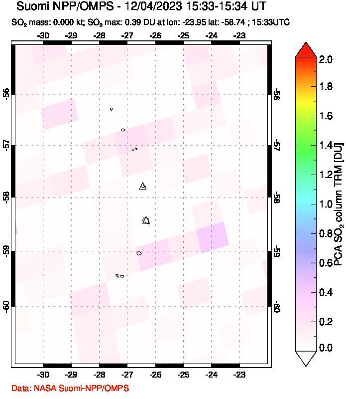 A sulfur dioxide image over South Sandwich Islands, South Atlantic on Dec 04, 2023.