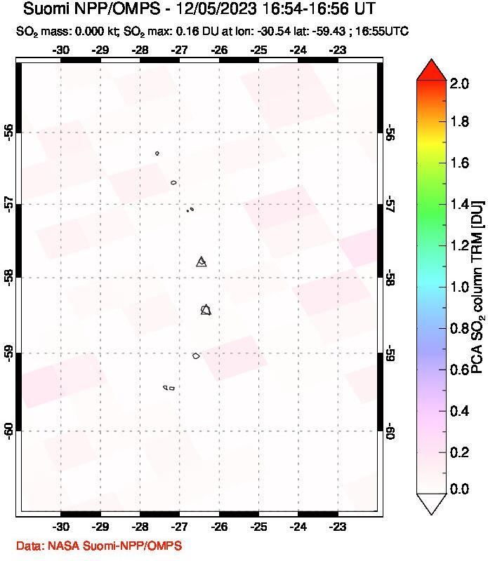 A sulfur dioxide image over South Sandwich Islands, South Atlantic on Dec 05, 2023.