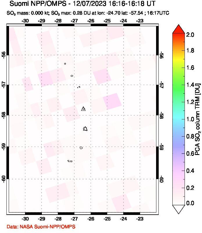 A sulfur dioxide image over South Sandwich Islands, South Atlantic on Dec 07, 2023.