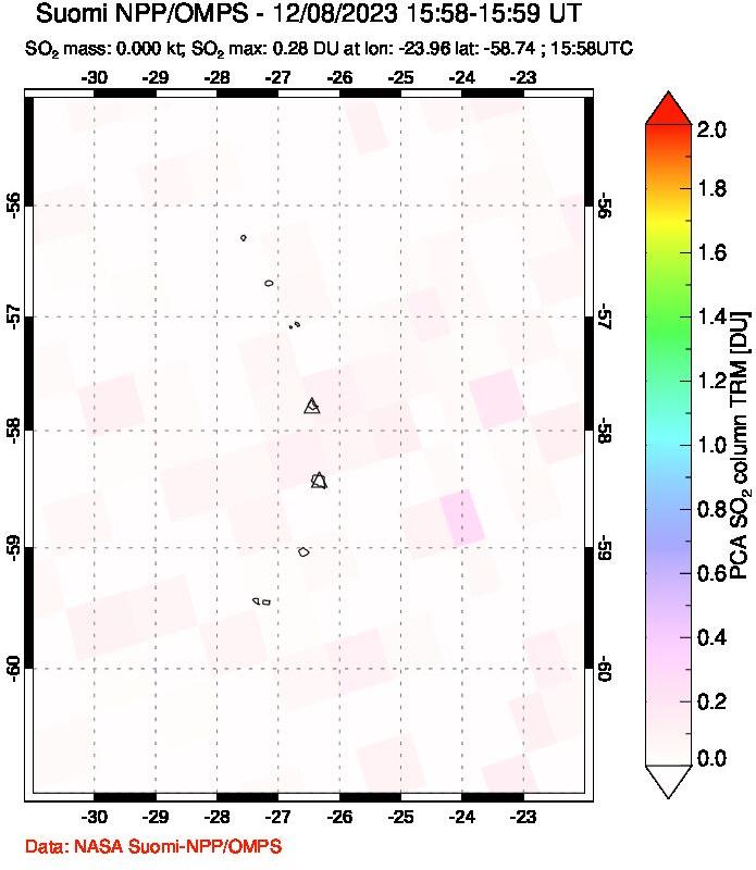 A sulfur dioxide image over South Sandwich Islands, South Atlantic on Dec 08, 2023.