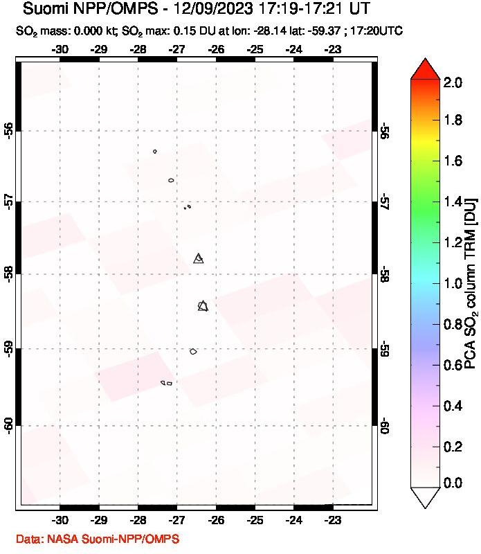 A sulfur dioxide image over South Sandwich Islands, South Atlantic on Dec 09, 2023.