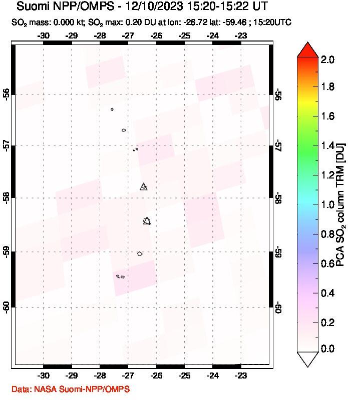 A sulfur dioxide image over South Sandwich Islands, South Atlantic on Dec 10, 2023.