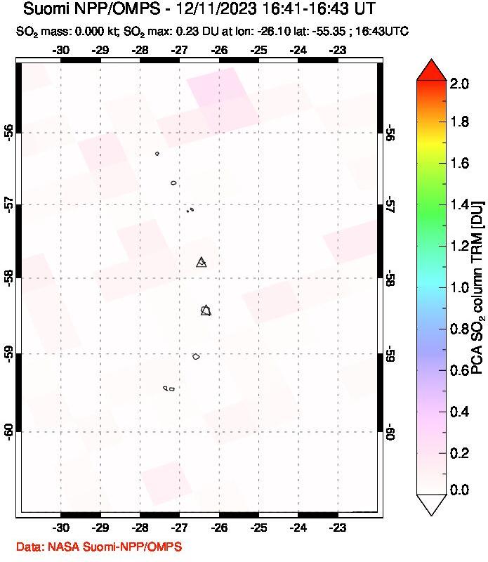 A sulfur dioxide image over South Sandwich Islands, South Atlantic on Dec 11, 2023.