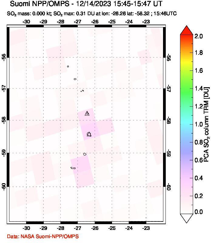 A sulfur dioxide image over South Sandwich Islands, South Atlantic on Dec 14, 2023.