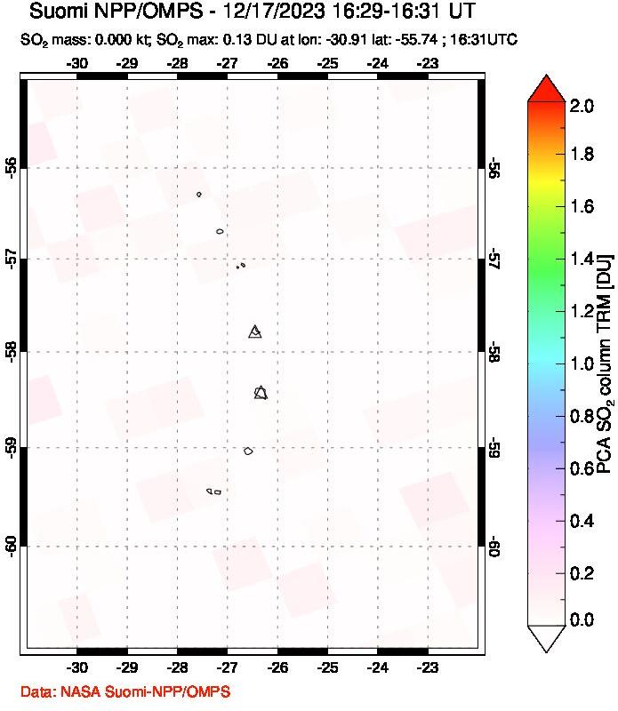 A sulfur dioxide image over South Sandwich Islands, South Atlantic on Dec 17, 2023.