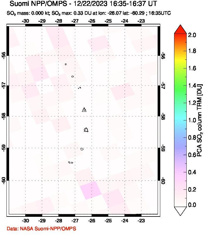 A sulfur dioxide image over South Sandwich Islands, South Atlantic on Dec 22, 2023.