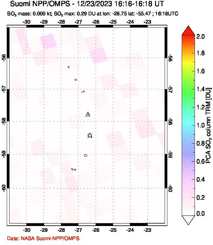 A sulfur dioxide image over South Sandwich Islands, South Atlantic on Dec 23, 2023.