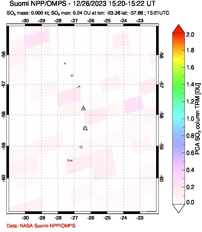 A sulfur dioxide image over South Sandwich Islands, South Atlantic on Dec 26, 2023.