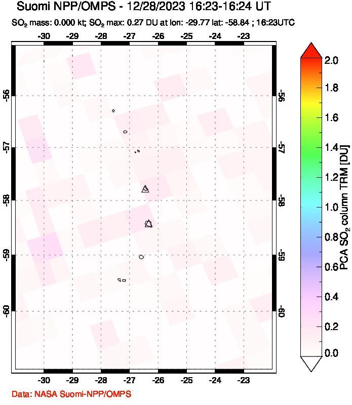 A sulfur dioxide image over South Sandwich Islands, South Atlantic on Dec 28, 2023.