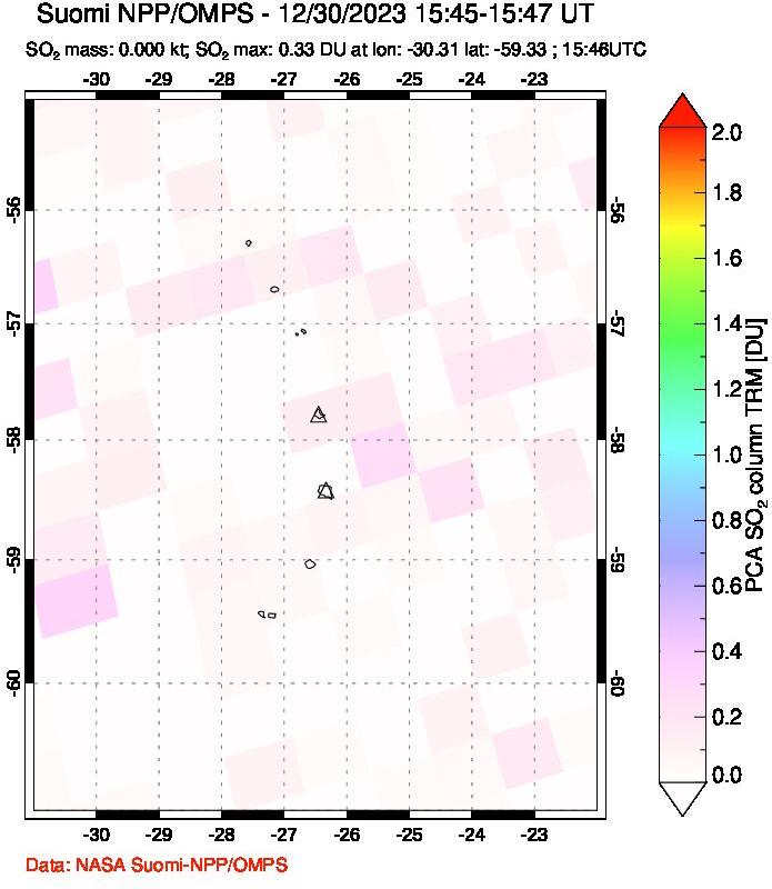 A sulfur dioxide image over South Sandwich Islands, South Atlantic on Dec 30, 2023.