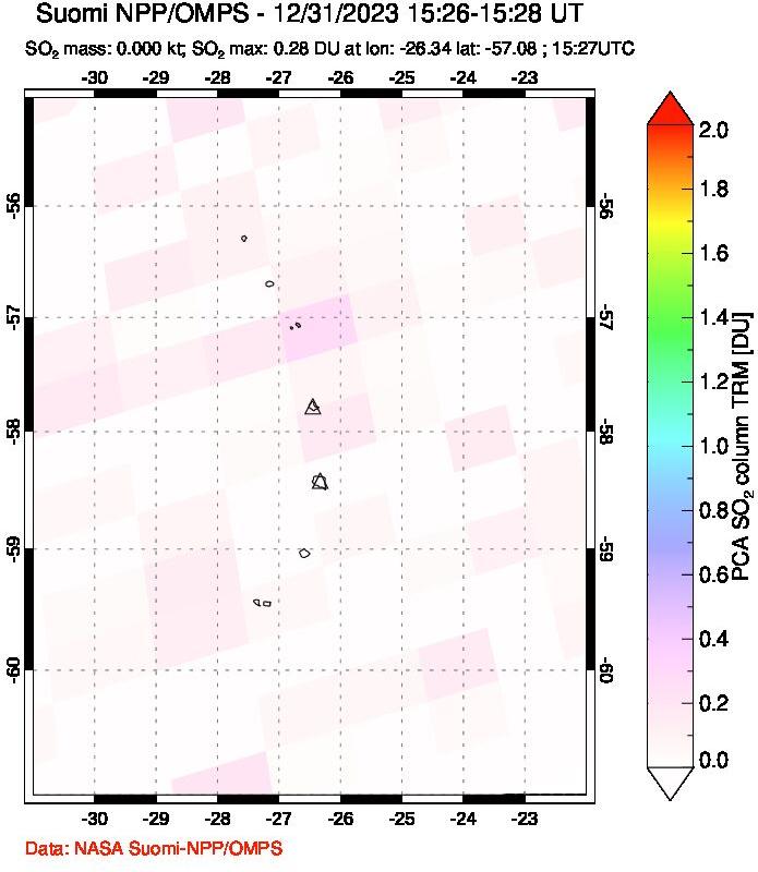 A sulfur dioxide image over South Sandwich Islands, South Atlantic on Dec 31, 2023.