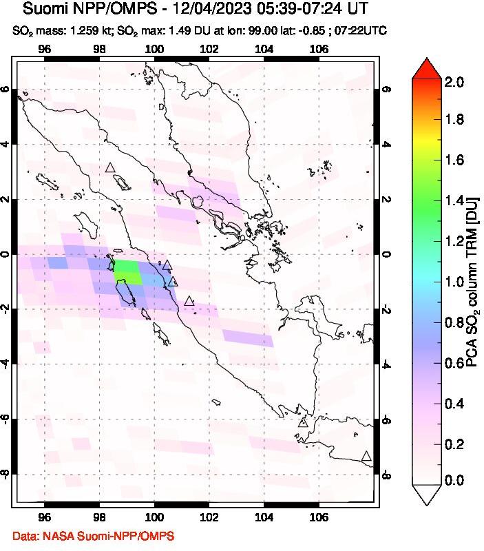 A sulfur dioxide image over Sumatra, Indonesia on Dec 04, 2023.