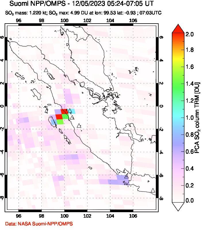 A sulfur dioxide image over Sumatra, Indonesia on Dec 05, 2023.