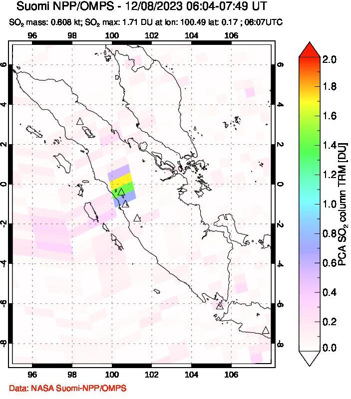 A sulfur dioxide image over Sumatra, Indonesia on Dec 08, 2023.