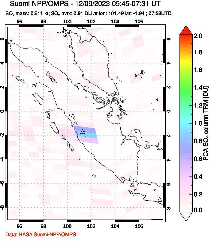 A sulfur dioxide image over Sumatra, Indonesia on Dec 09, 2023.