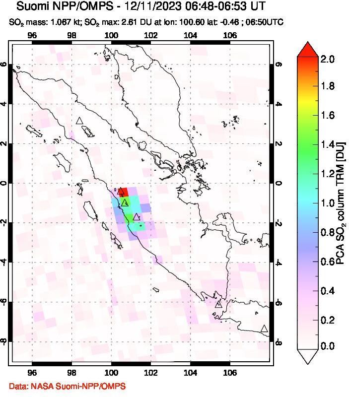 A sulfur dioxide image over Sumatra, Indonesia on Dec 11, 2023.