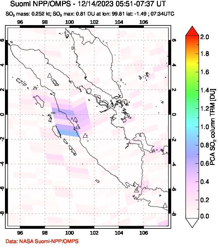 A sulfur dioxide image over Sumatra, Indonesia on Dec 14, 2023.