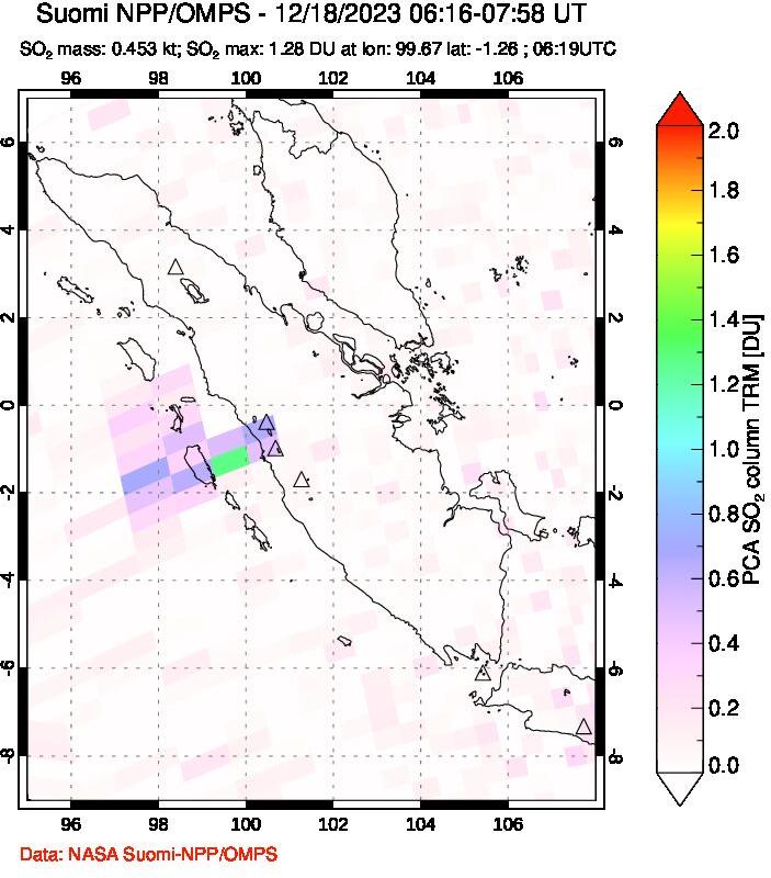 A sulfur dioxide image over Sumatra, Indonesia on Dec 18, 2023.