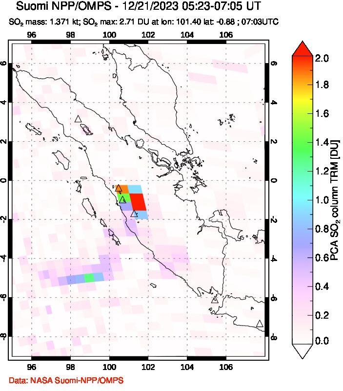 A sulfur dioxide image over Sumatra, Indonesia on Dec 21, 2023.