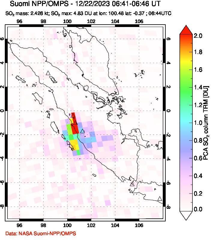 A sulfur dioxide image over Sumatra, Indonesia on Dec 22, 2023.