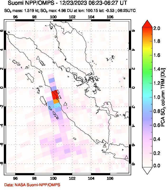 A sulfur dioxide image over Sumatra, Indonesia on Dec 23, 2023.