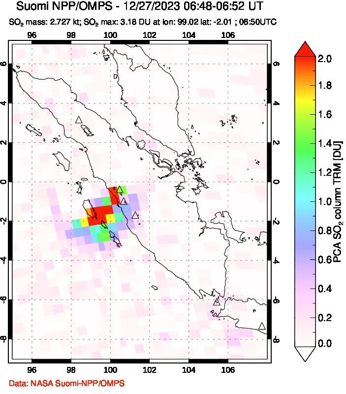 A sulfur dioxide image over Sumatra, Indonesia on Dec 27, 2023.