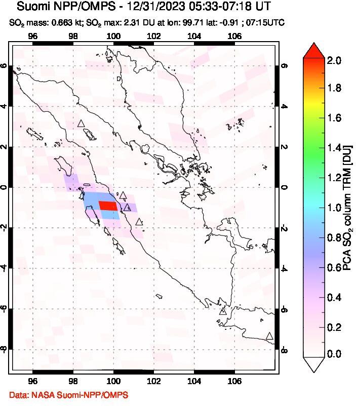 A sulfur dioxide image over Sumatra, Indonesia on Dec 31, 2023.