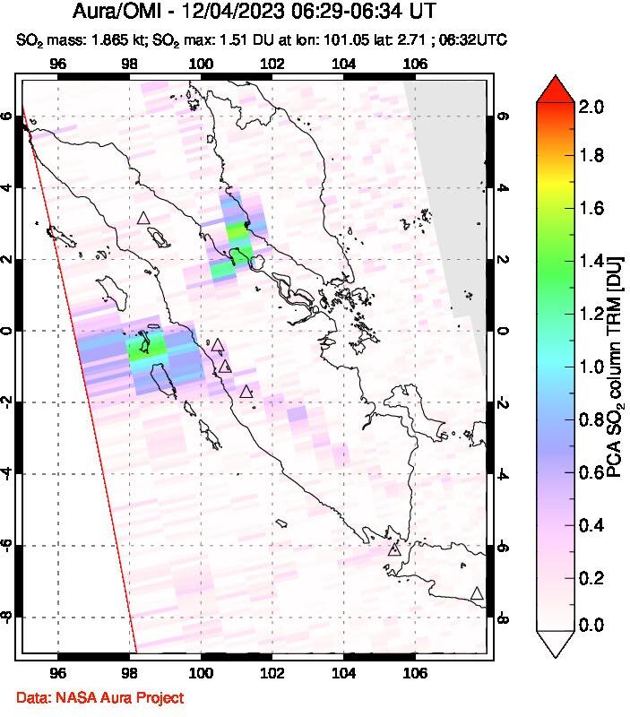 A sulfur dioxide image over Sumatra, Indonesia on Dec 04, 2023.