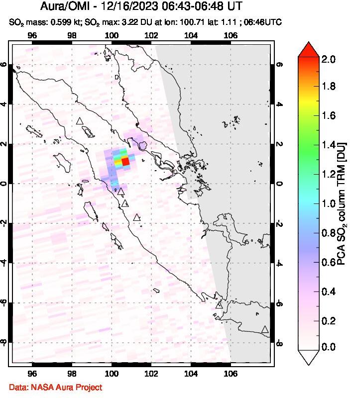 A sulfur dioxide image over Sumatra, Indonesia on Dec 16, 2023.