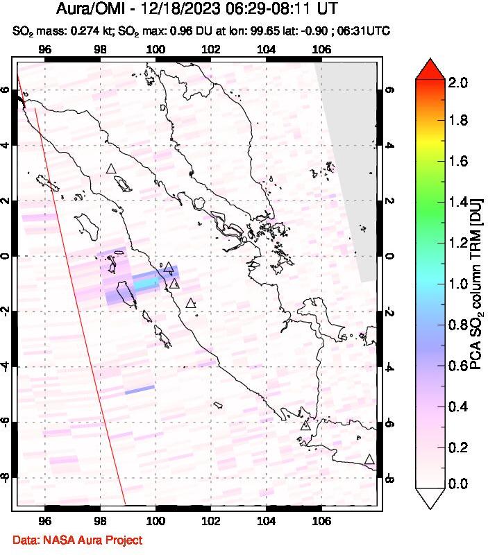 A sulfur dioxide image over Sumatra, Indonesia on Dec 18, 2023.