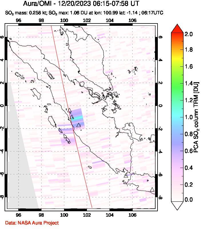 A sulfur dioxide image over Sumatra, Indonesia on Dec 20, 2023.