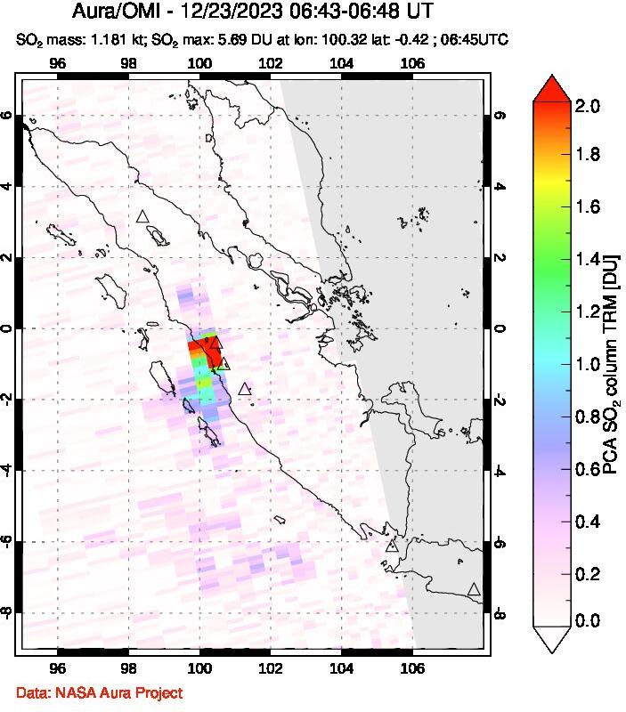 A sulfur dioxide image over Sumatra, Indonesia on Dec 23, 2023.