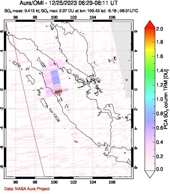 A sulfur dioxide image over Sumatra, Indonesia on Dec 25, 2023.
