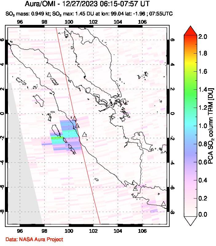 A sulfur dioxide image over Sumatra, Indonesia on Dec 27, 2023.